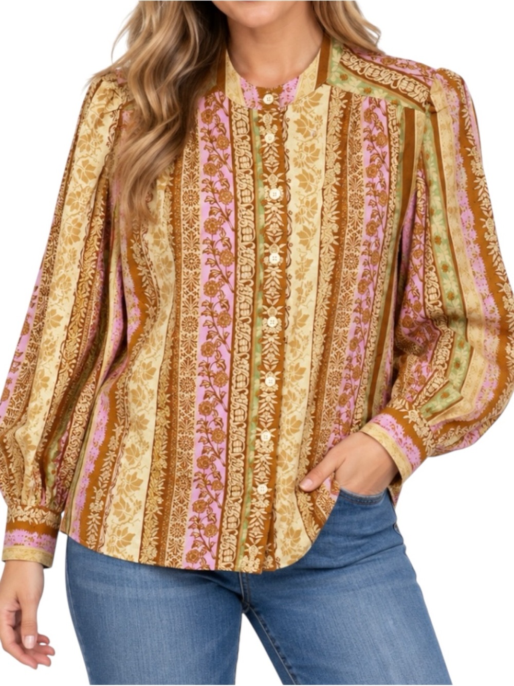 Flying Tomato Medium Floral Stripe Button Front Blouse Puff Sleeve Cottagecore